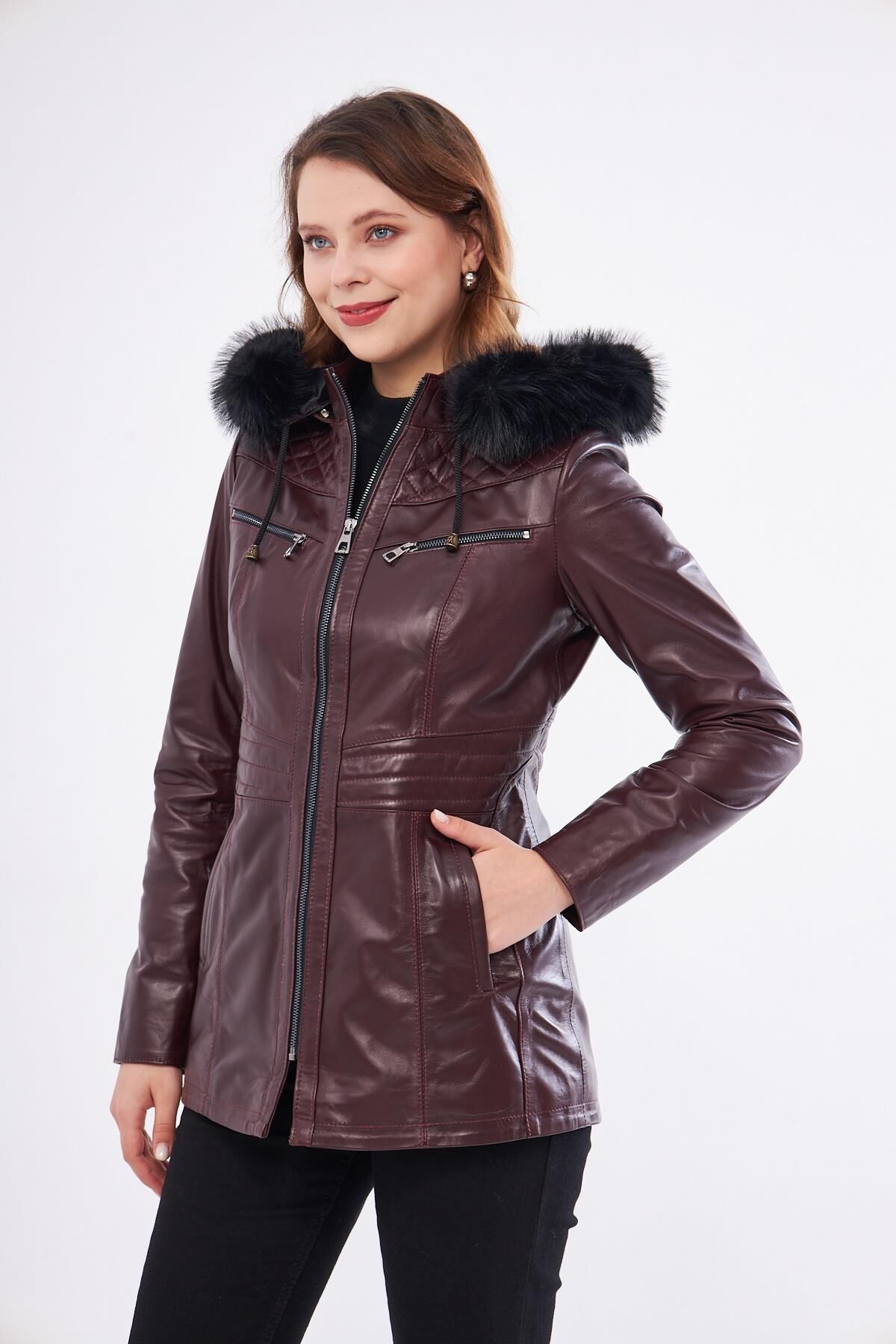 DERİNSS DKA2332 Hakiki Deri Kadın Bordo Mont