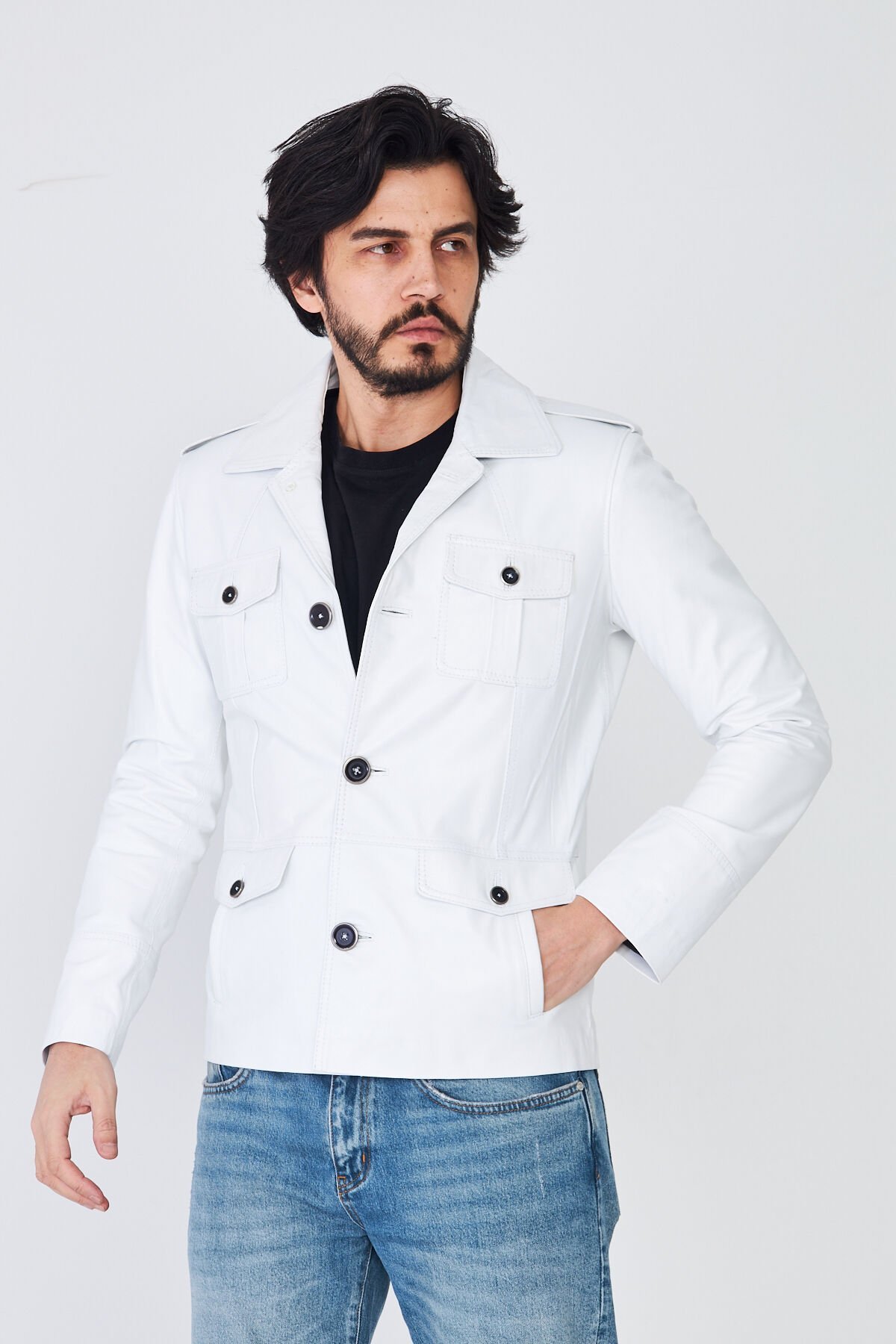 DERİNSS DER265 Hakiki Deri Erkek Beyaz Mont