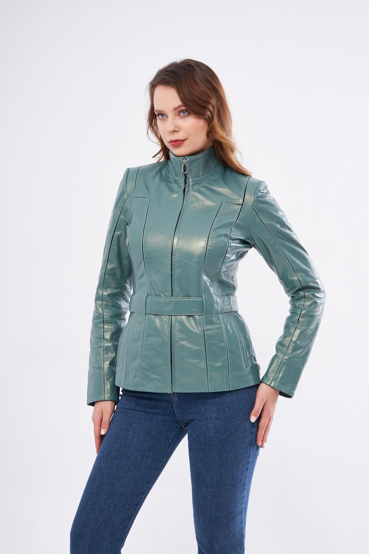 DERİNSS DKA2364 Hakiki Deri Kadın Yeşil Mont