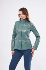 DERİNSS DKA2364 Hakiki Deri Kadın Yeşil Mont