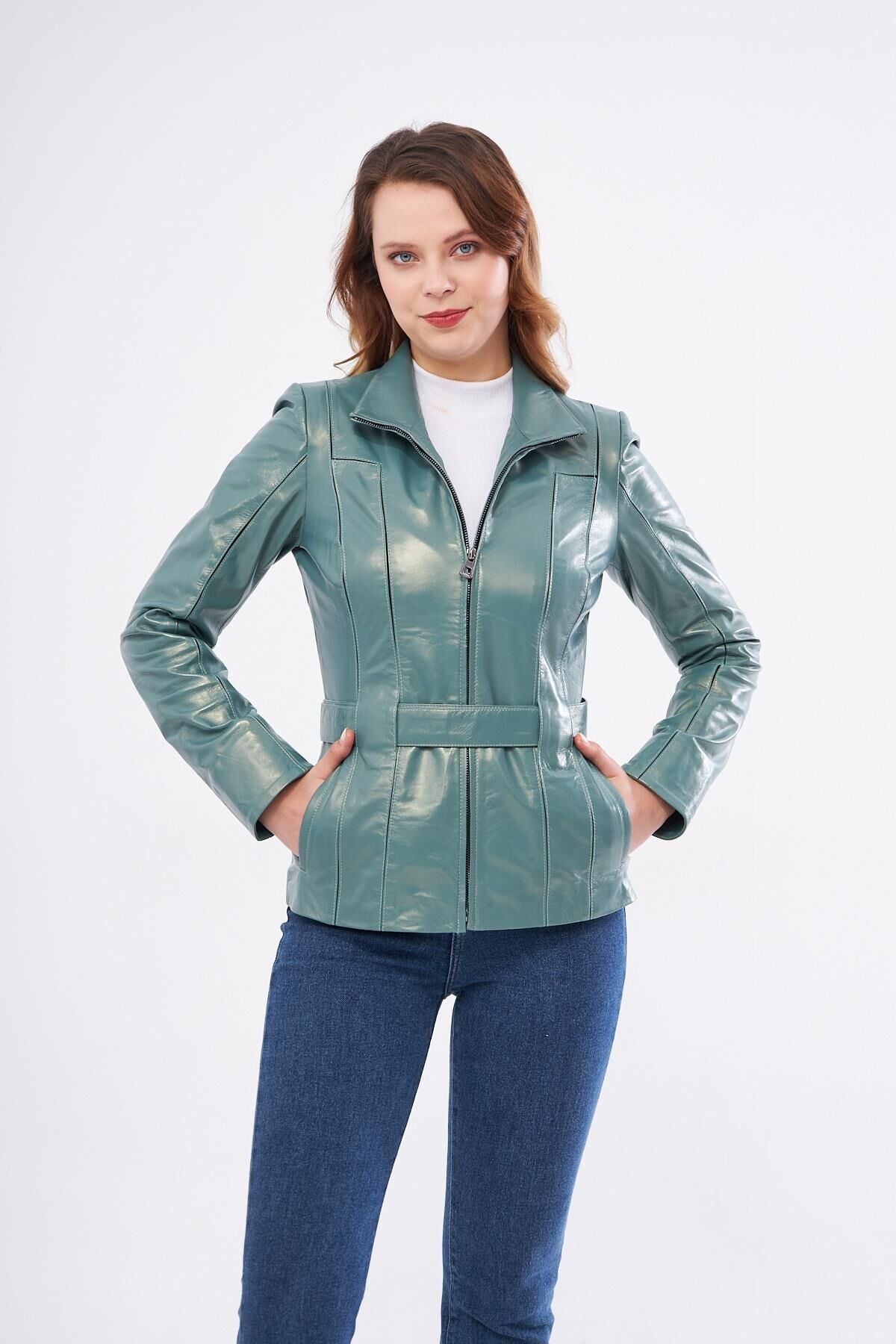 DERİNSS DKA2364 Hakiki Deri Kadın Yeşil Mont