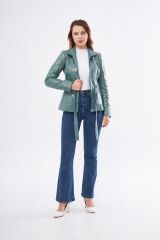 DERİNSS DKA2364 Hakiki Deri Kadın Yeşil Mont