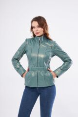 DERİNSS DKA2364 Hakiki Deri Kadın Yeşil Mont