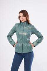 DERİNSS DKA2364 Hakiki Deri Kadın Yeşil Mont