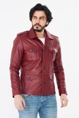 DERİNSS DER265 Hakiki Deri Erkek Koyu Kırmızı Mont