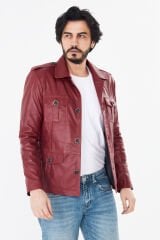 DERİNSS DER265 Hakiki Deri Erkek Koyu Kırmızı Mont