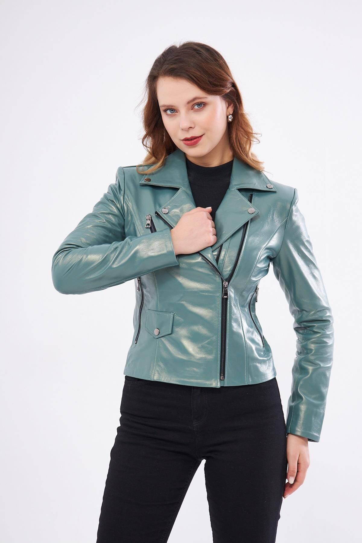 DERİNSS DKA1202 Hakiki Deri Kadın Yeşil Mont