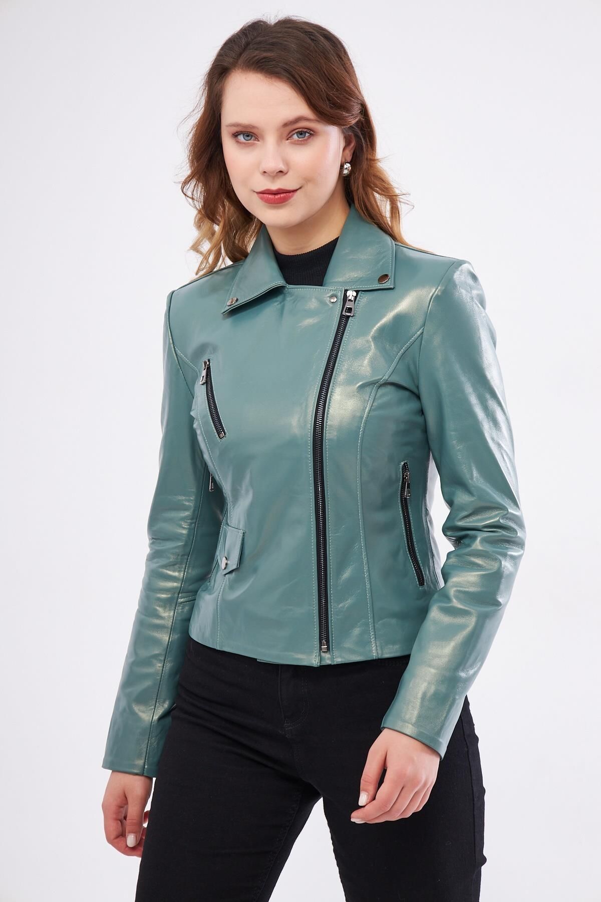 DERİNSS DKA1202 Hakiki Deri Kadın Yeşil Mont