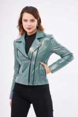 DERİNSS DKA1202 Hakiki Deri Kadın Yeşil Mont