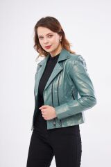 DERİNSS DKA1202 Hakiki Deri Kadın Yeşil Mont