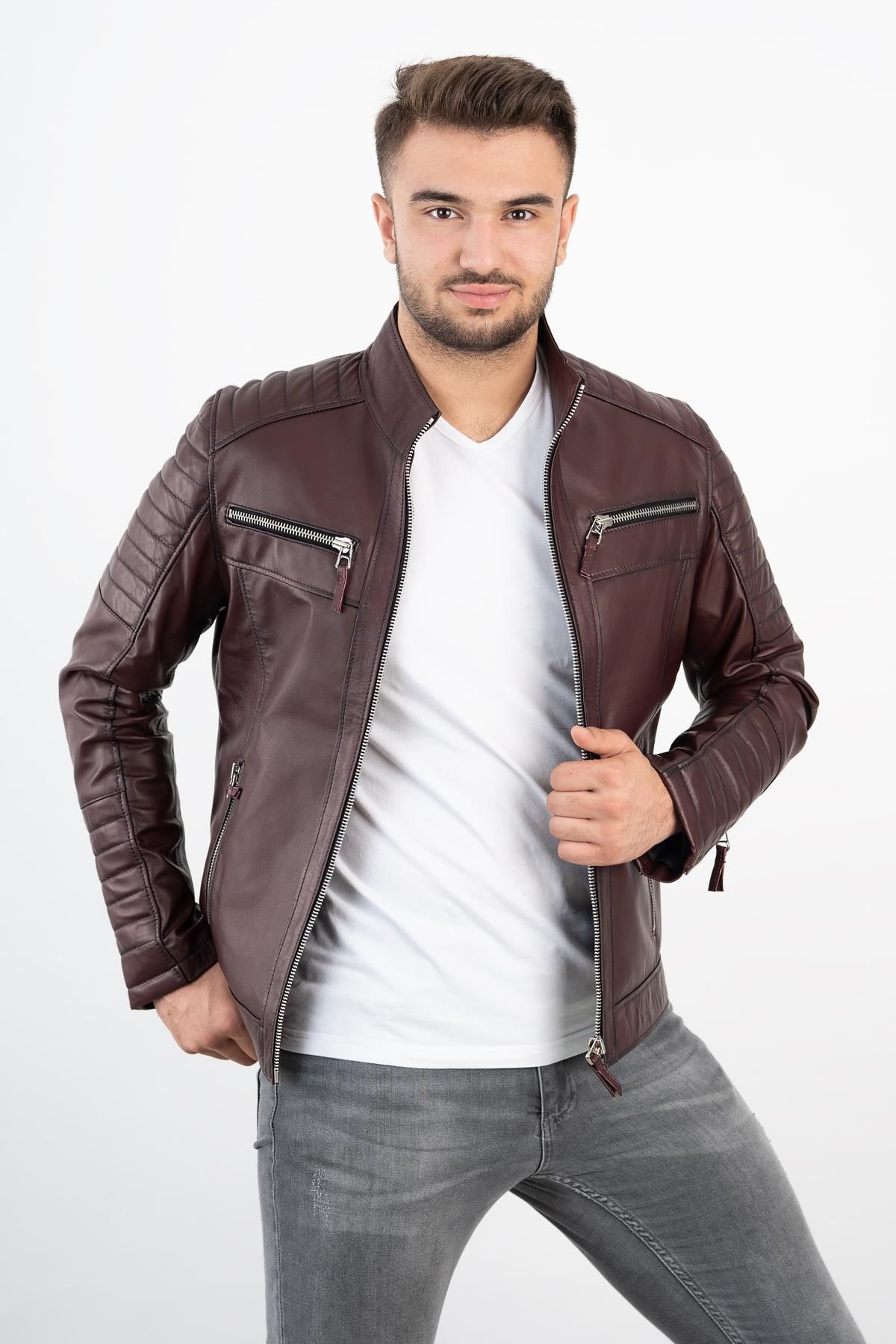 DERİNSS Der109 Hakiki Deri Erkek Bordo Mont