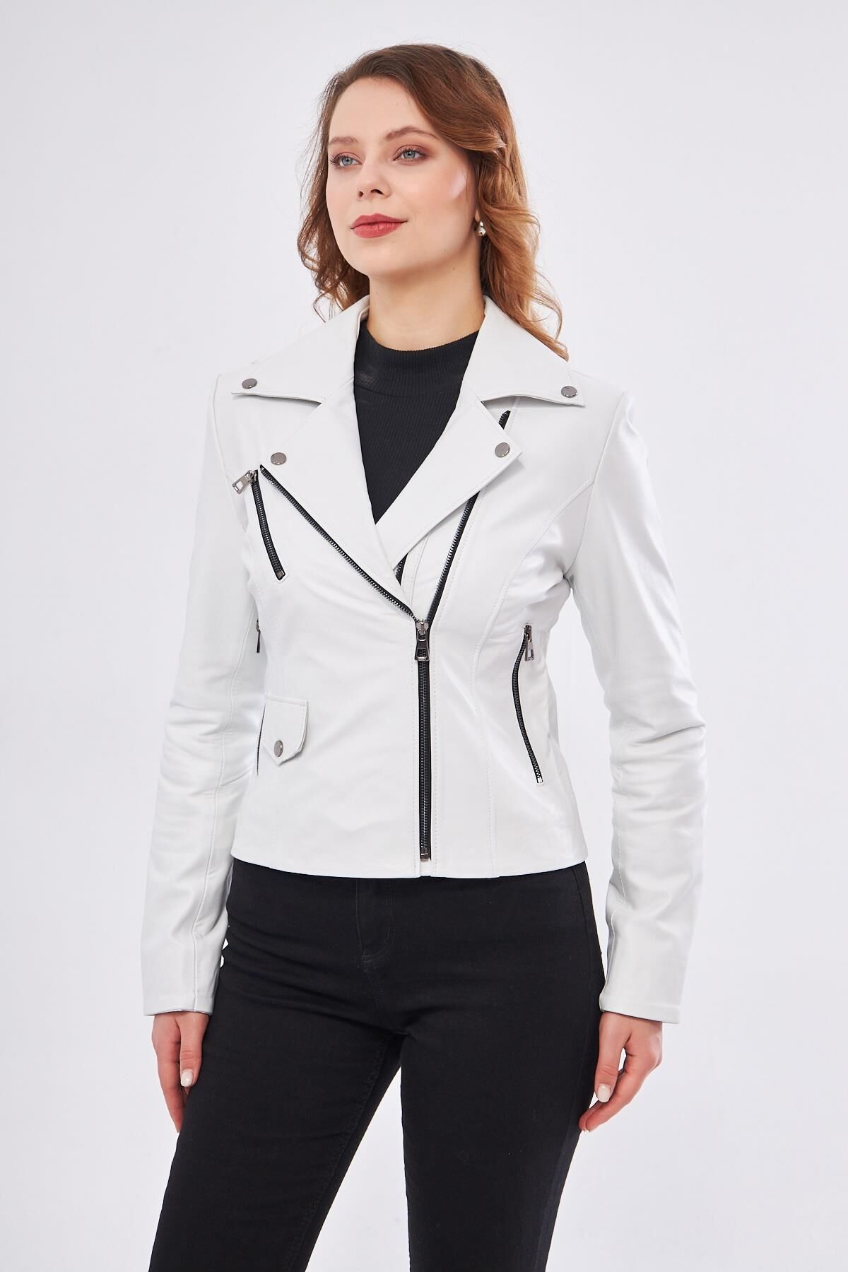 DERİNSS DKA1202 Hakiki Deri Kadın Beyaz Mont