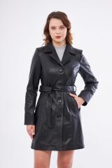 DERİNSS DKA2373 Hakiki Deri Kadın Siyah Pardesü