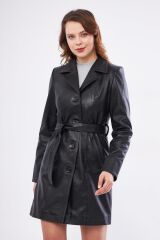 DERİNSS DKA2373 Hakiki Deri Kadın Siyah Pardesü