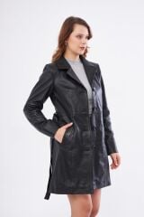 DERİNSS DKA2373 Hakiki Deri Kadın Siyah Pardesü