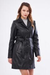 DERİNSS DKA2373 Hakiki Deri Kadın Siyah Pardesü