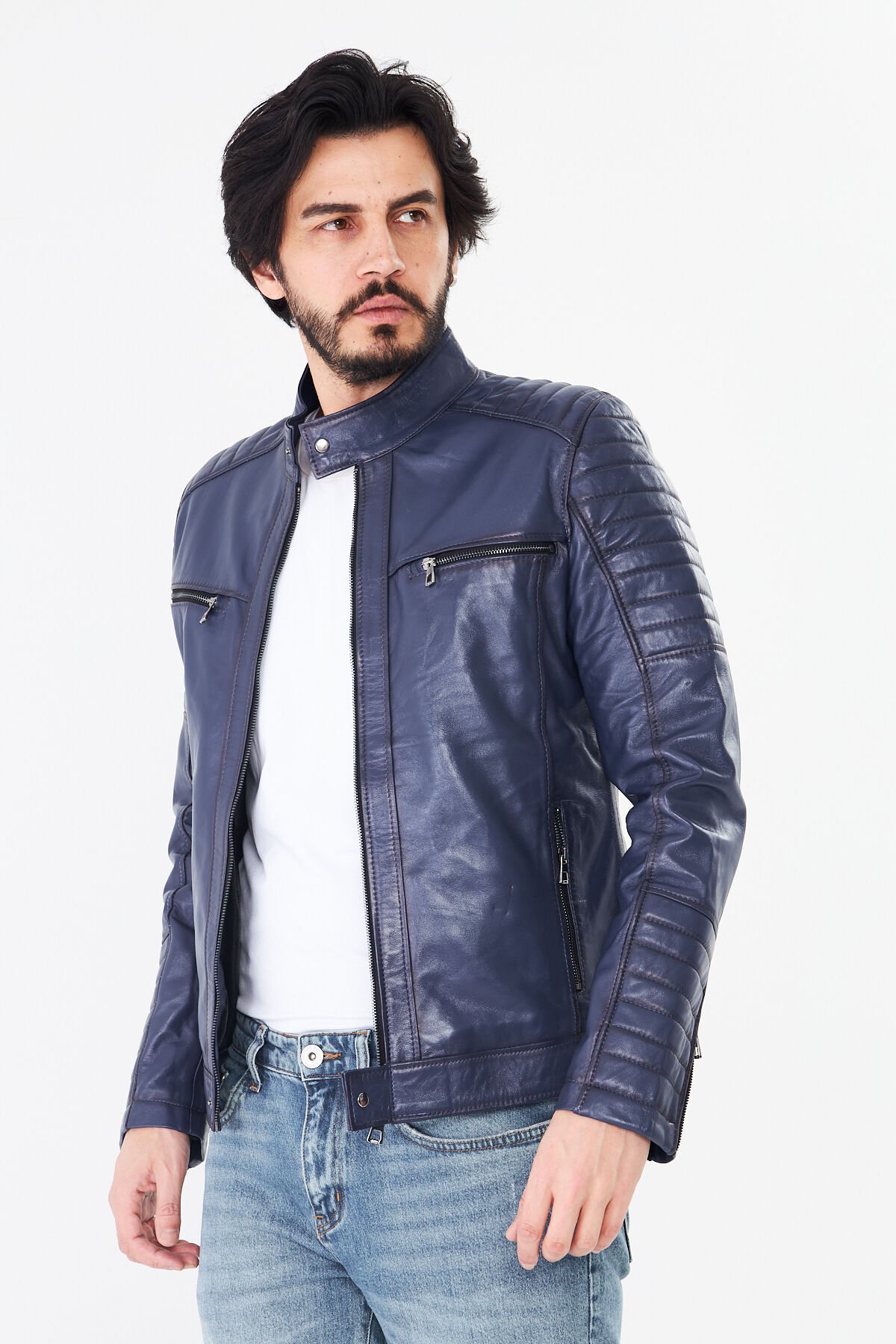 DERİNSS DER123 Hakiki Deri Erkek Mavi Mont