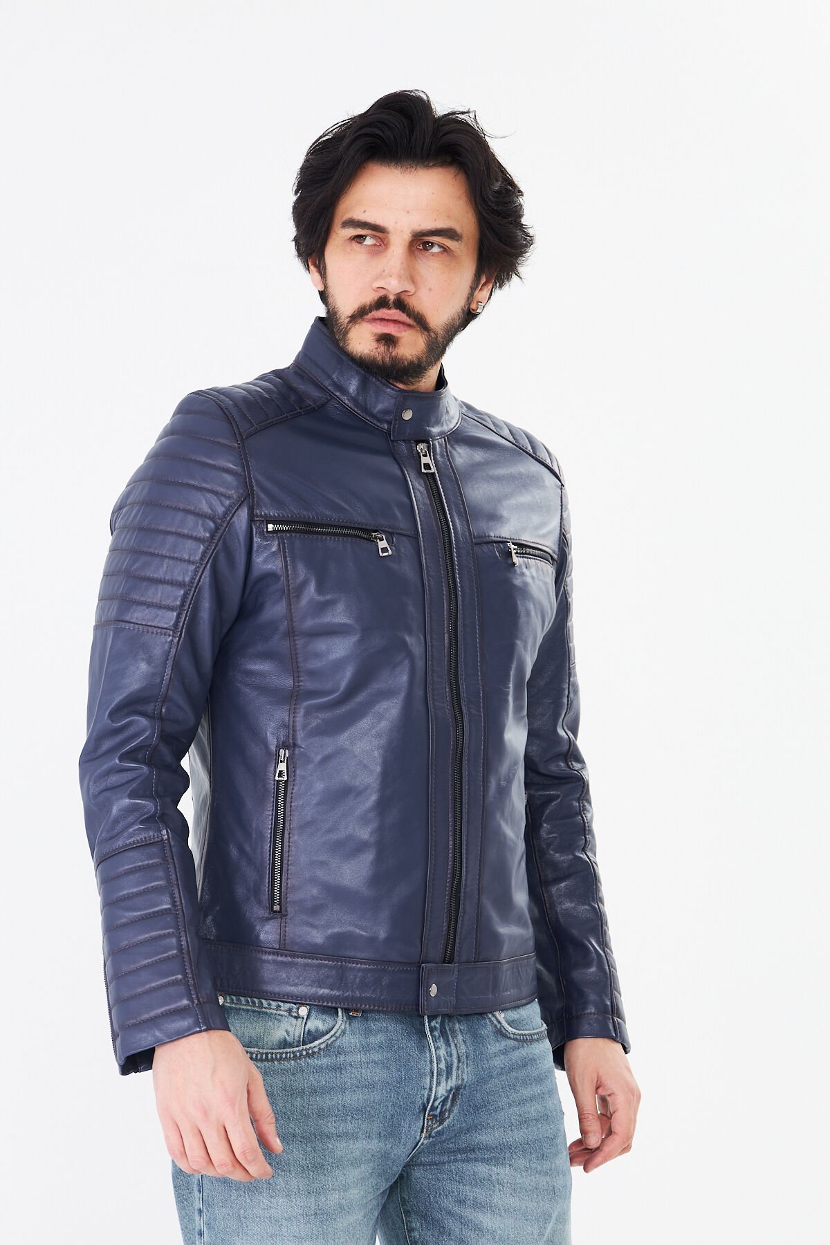 DERİNSS DER123 Hakiki Deri Erkek Mavi Mont