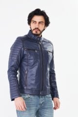 DERİNSS DER123 Hakiki Deri Erkek Mavi Mont