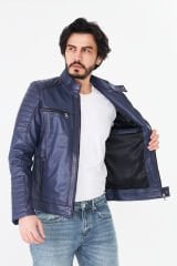 DERİNSS DER123 Hakiki Deri Erkek Mavi Mont