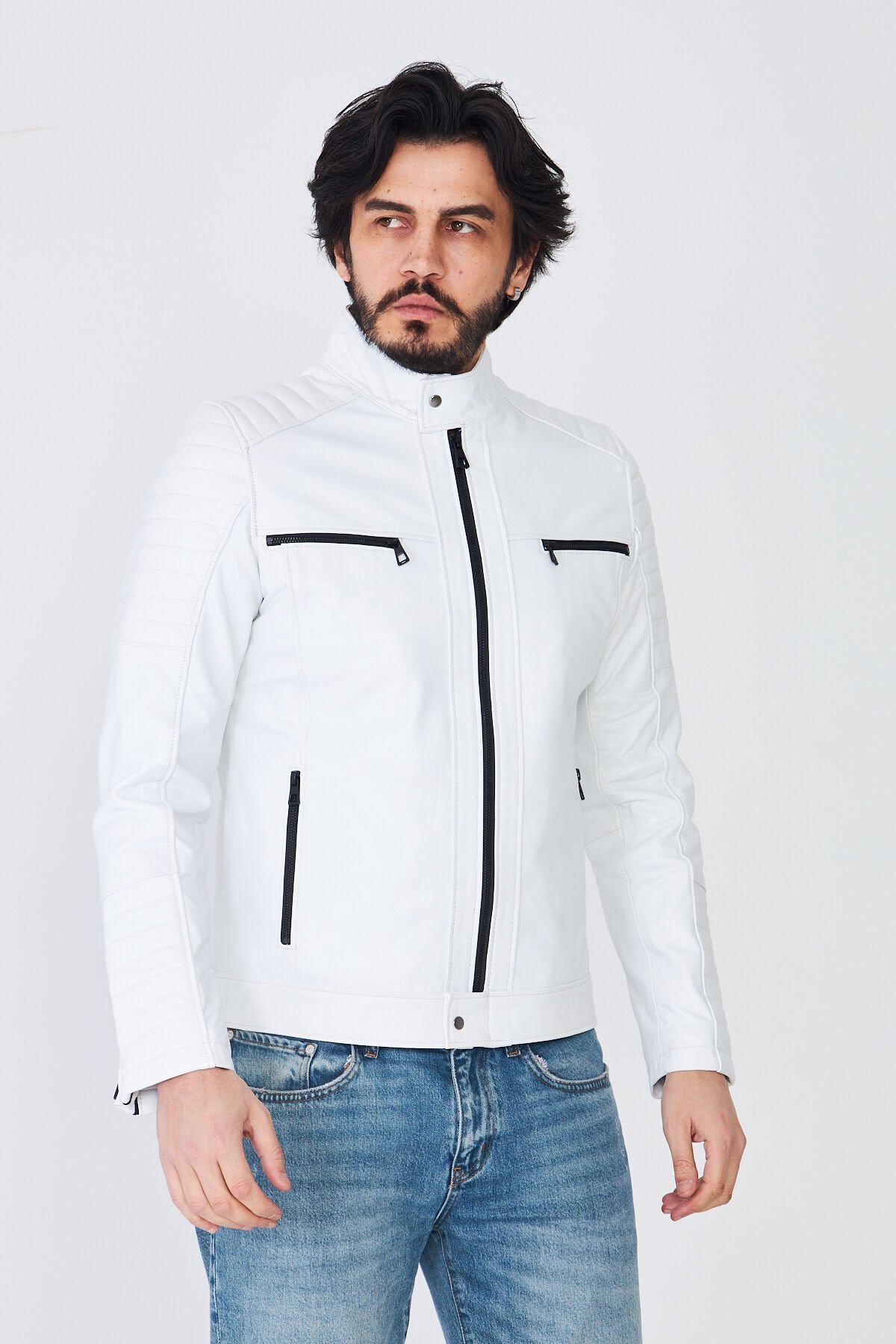 DERİNSS DER123 Hakiki Deri Erkek Beyaz Mont