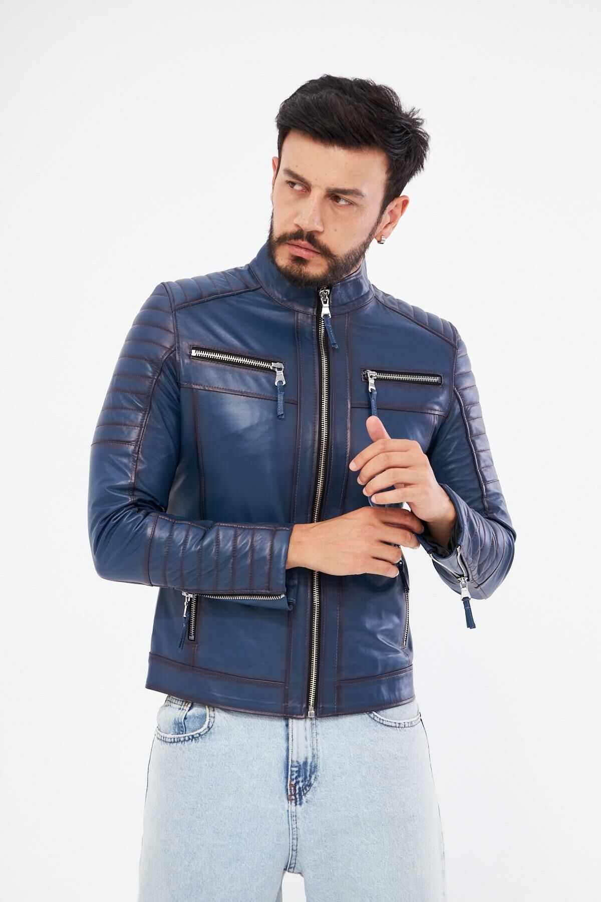 DERİNSS Der109 Hakiki Deri Erkek Mavi Mont MAVİ - M