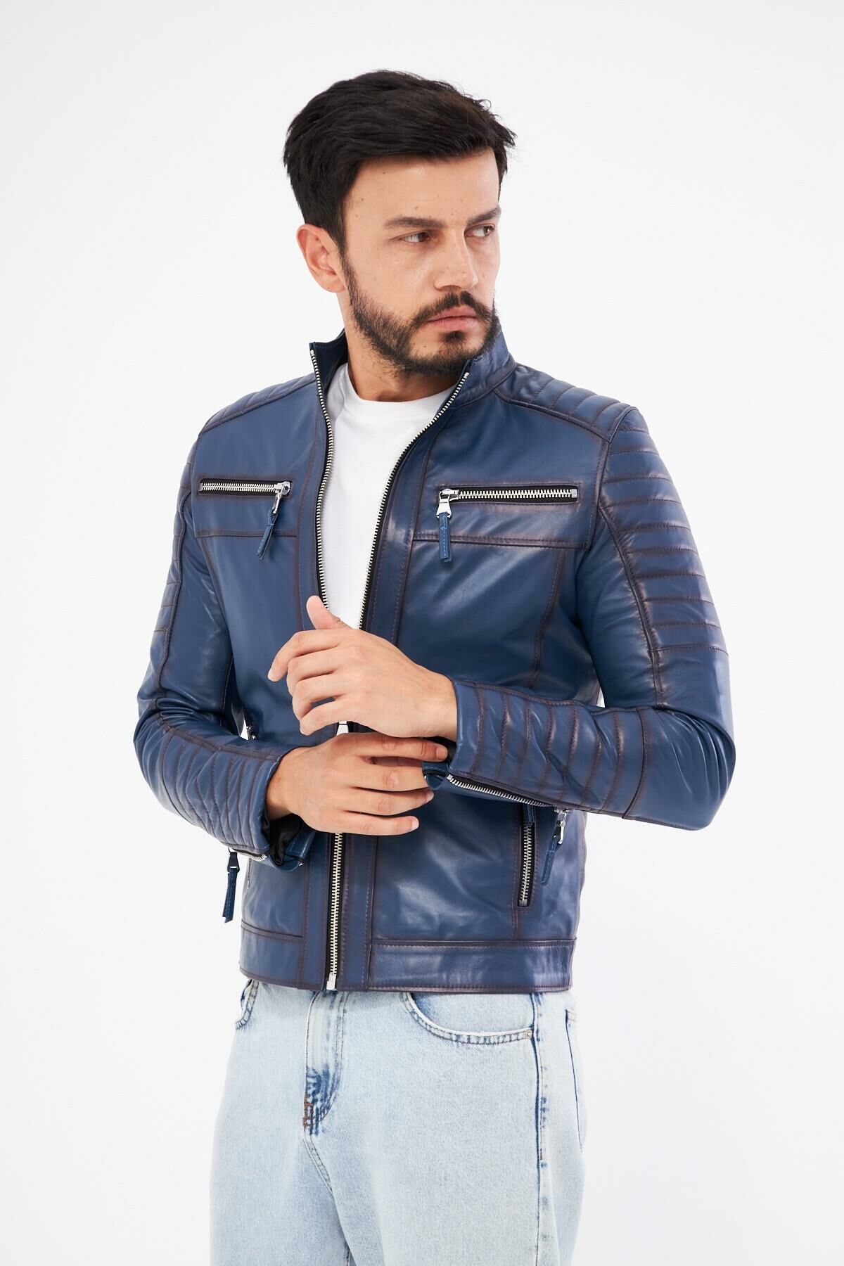 DERİNSS Der108 Hakiki Deri Erkek Mavi Mont