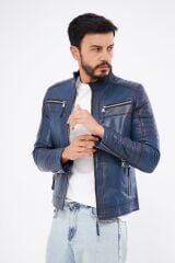 DERİNSS Der109 Hakiki Deri Erkek Mavi Mont MAVİ - M