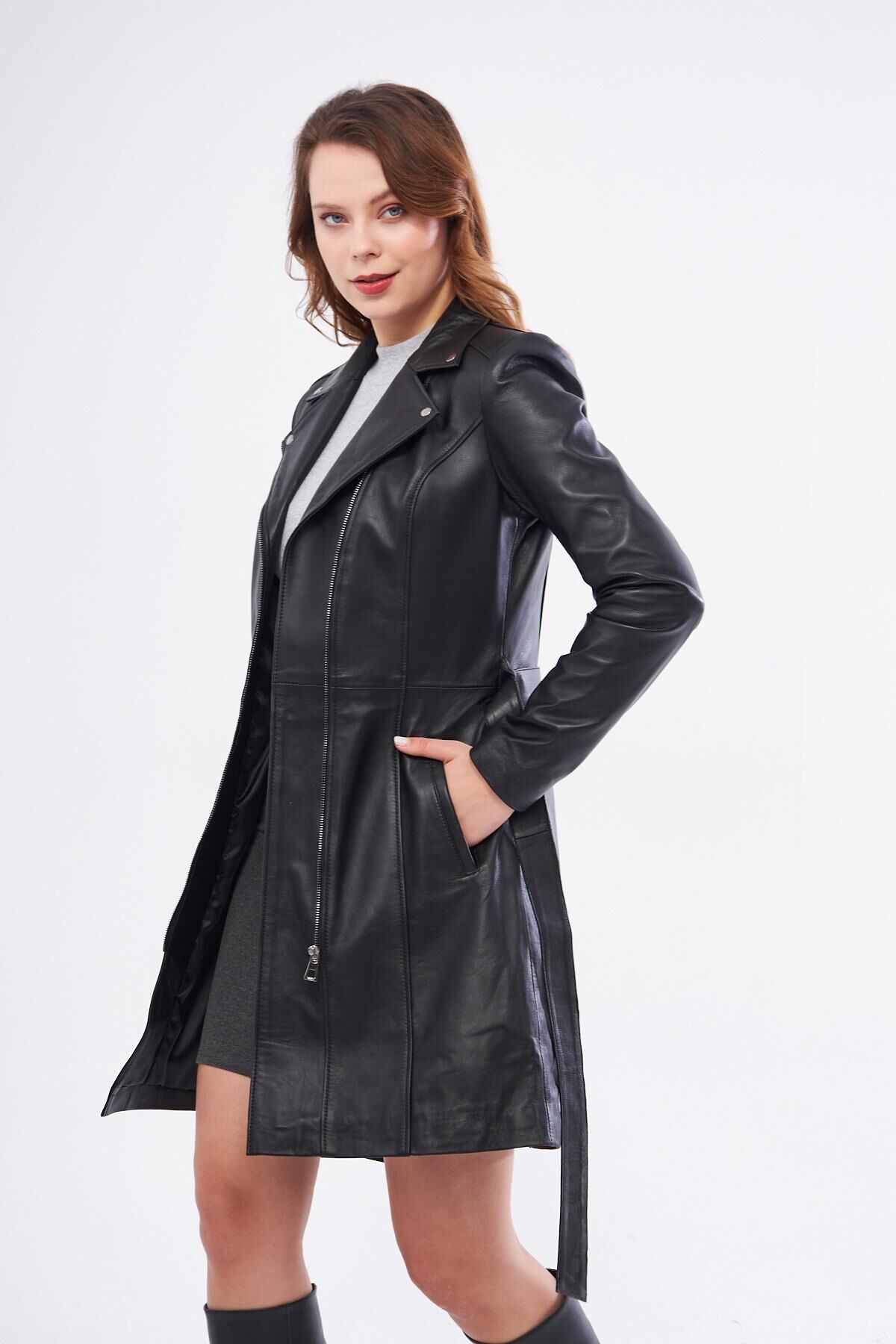 DERİNSS DKA2391 Hakiki Deri Kadın Siyah Pardesü