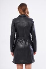 DERİNSS DKA2391 Hakiki Deri Kadın Siyah Pardesü