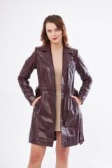 DERİNSS DKA2391 Hakiki Deri Kadın Bordo Pardesü