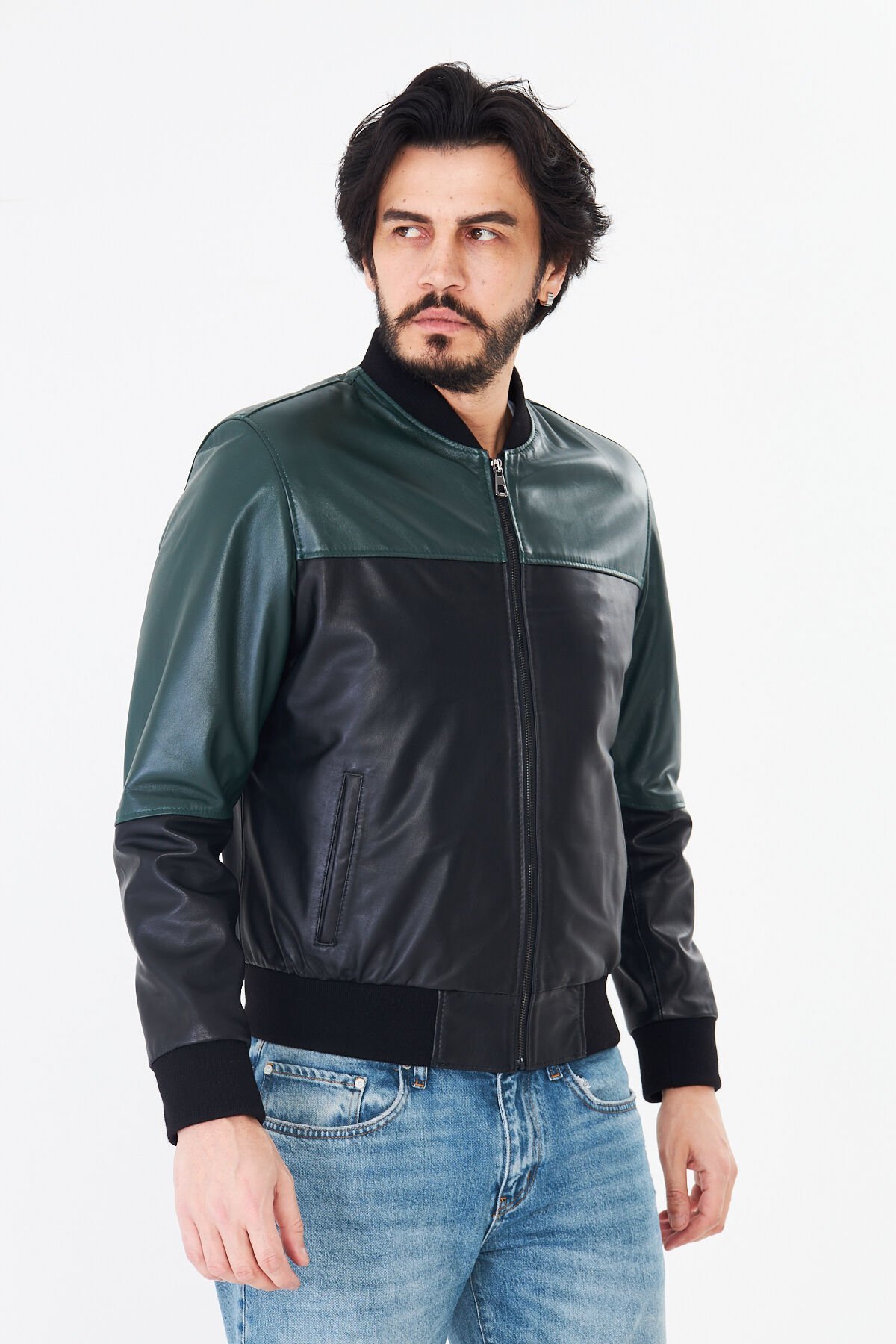 DERİNSS DER125 Hakiki Deri Erkek Siyah&Yeşil Mont