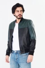 DERİNSS DER125 Hakiki Deri Erkek Siyah&Yeşil Mont