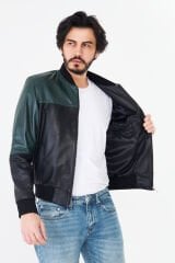 DERİNSS DER125 Hakiki Deri Erkek Siyah&Yeşil Mont