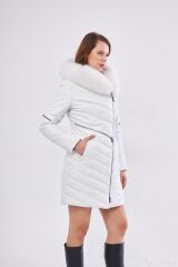 DERİNSS DKA1704 Hakiki Deri Kadın Beyaz Kaban/Mont