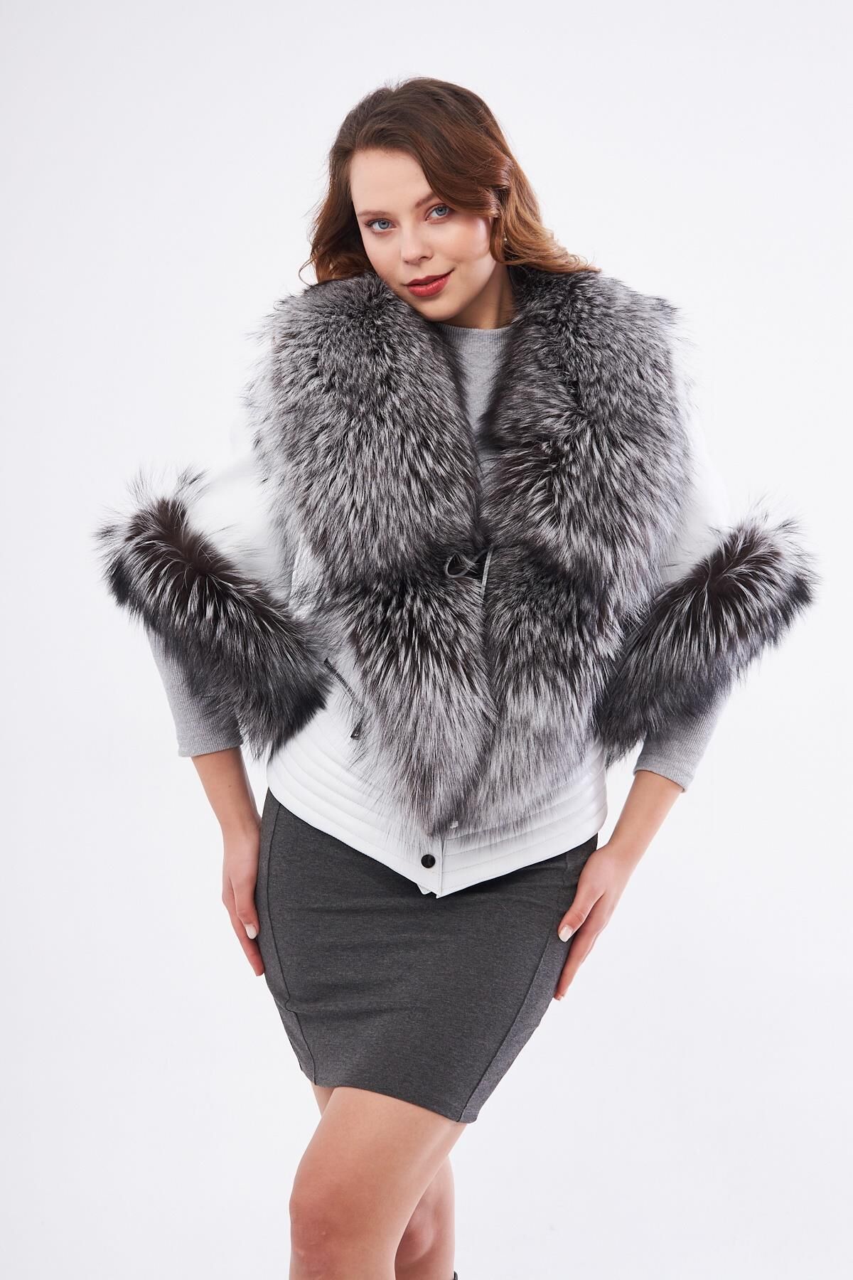 DERİNSS DKA1717 Hakiki Deri Kadın Beyaz Kaban/Mont