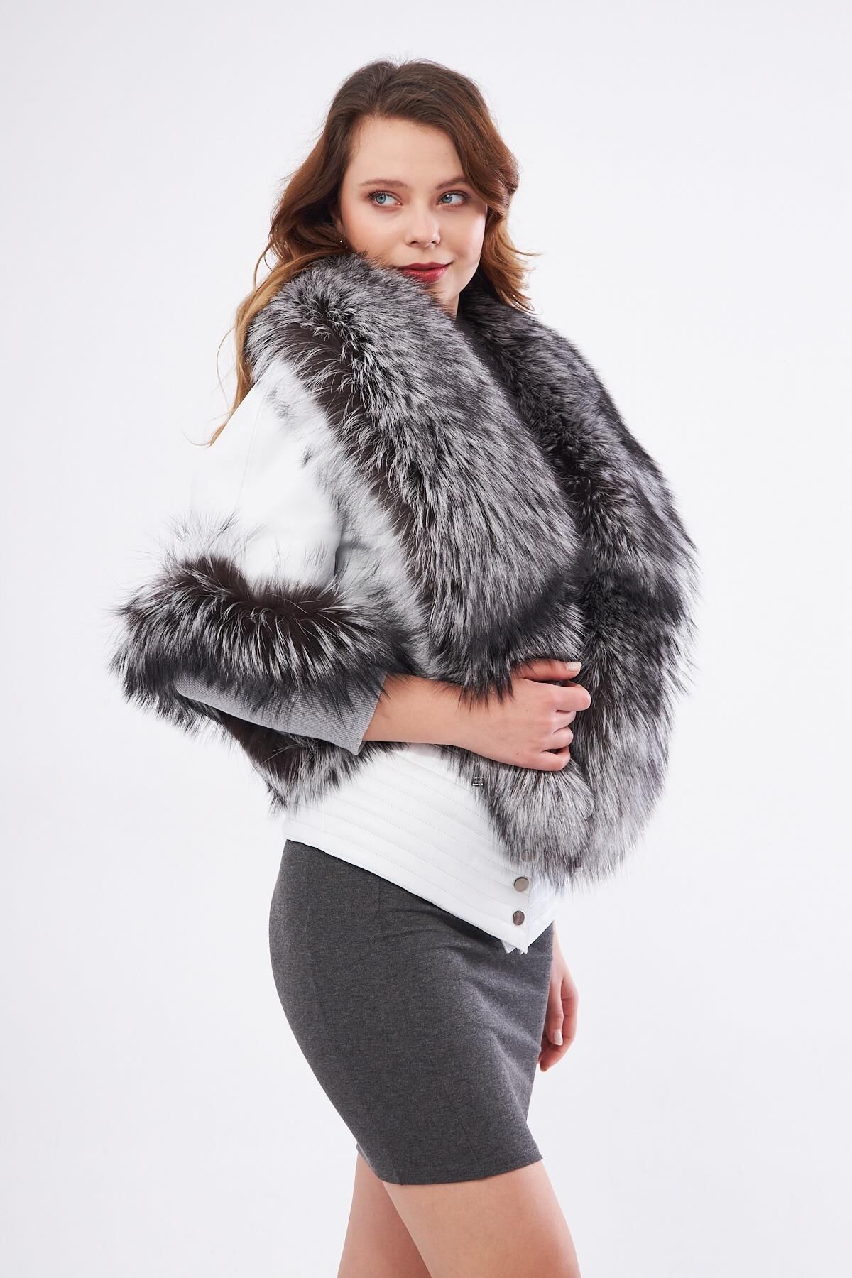 DERİNSS DKA1717 Hakiki Deri Kadın Beyaz Kaban/Mont