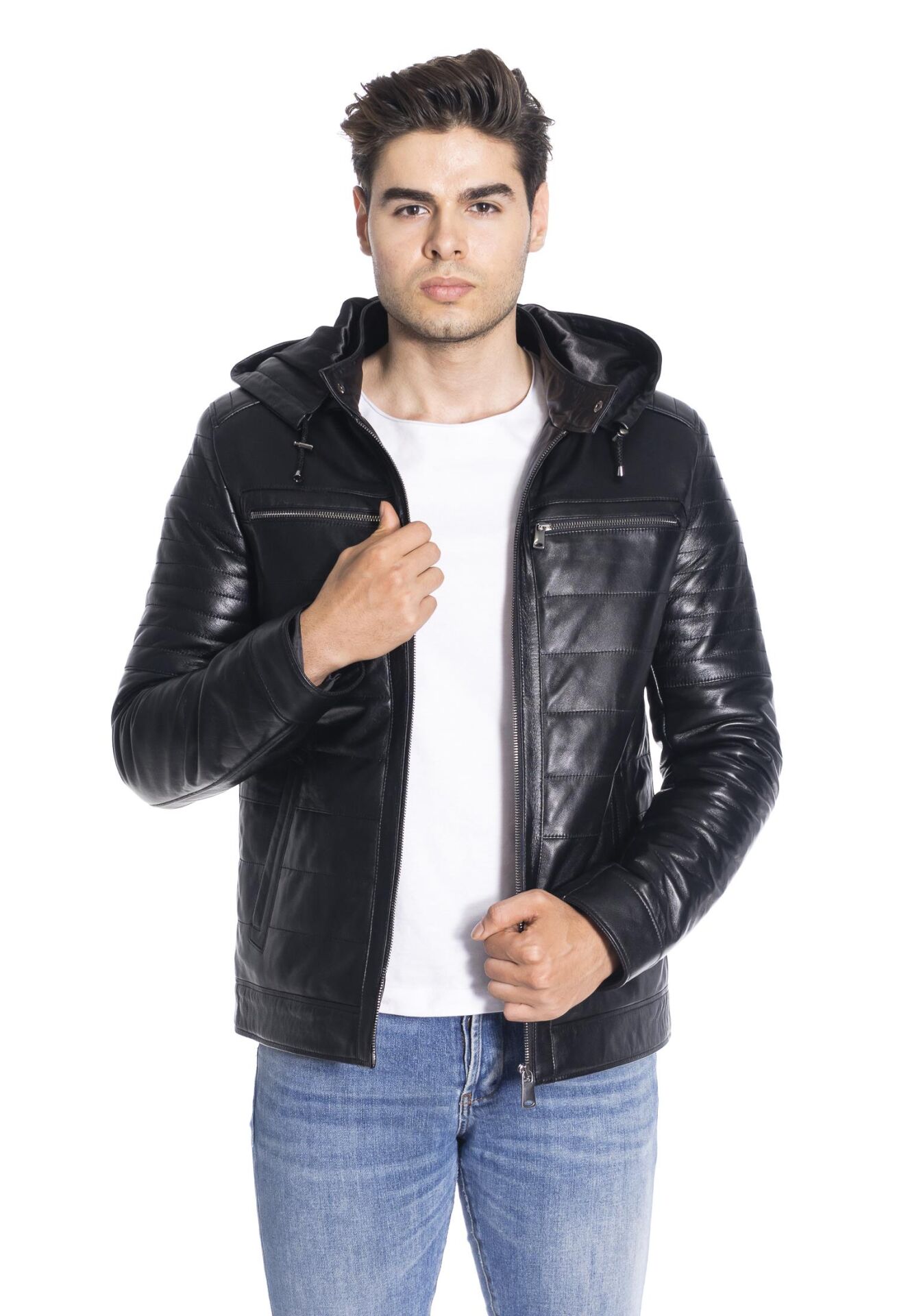 DERİNSS DER140 Hakiki Deri Erkek Kapüşonlu Siyah Mont