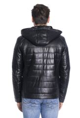 DERİNSS DER140 Hakiki Deri Erkek Kapüşonlu Siyah Mont