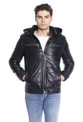 DERİNSS DER140 Hakiki Deri Erkek Kapüşonlu Siyah Mont