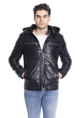 DERİNSS DER140 Hakiki Deri Erkek Kapüşonlu Siyah Mont