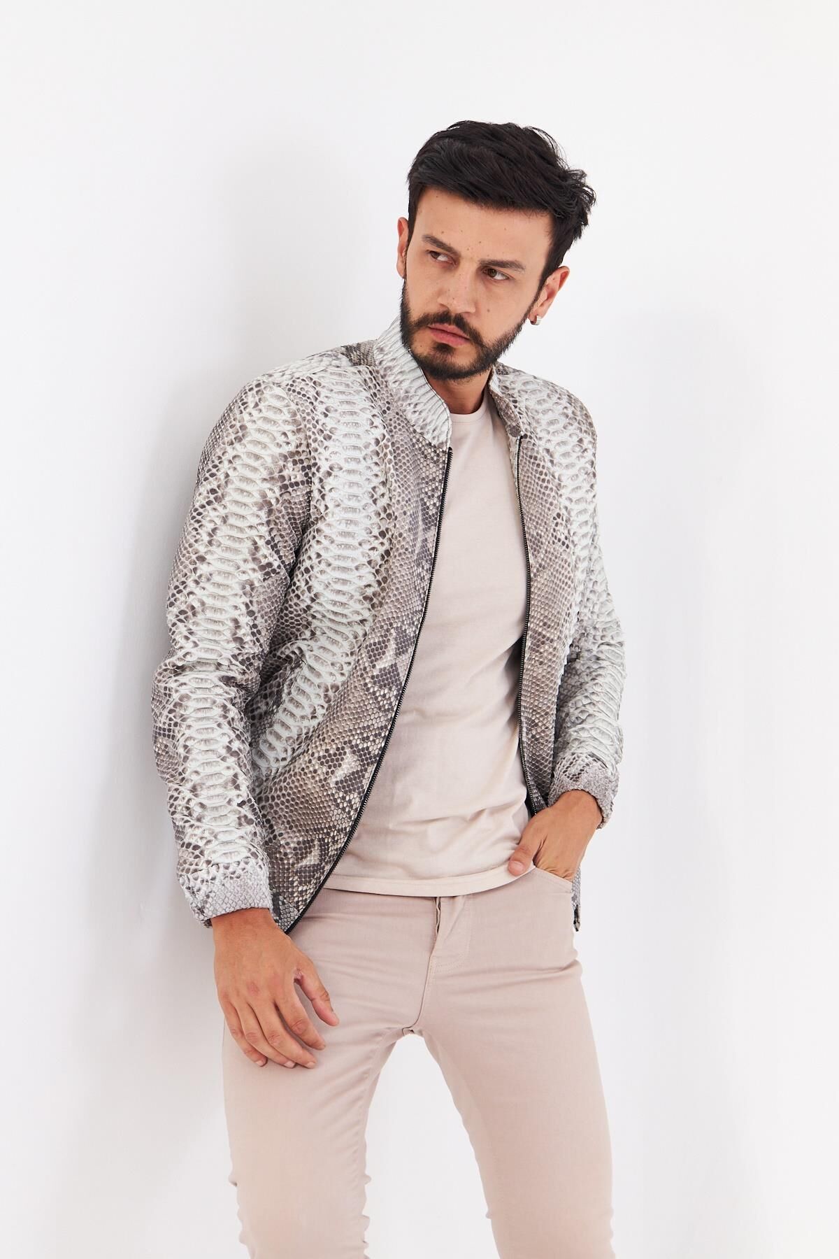 DERİNSS DER715P Hakiki Piton Derisi Erkek Bej Mont