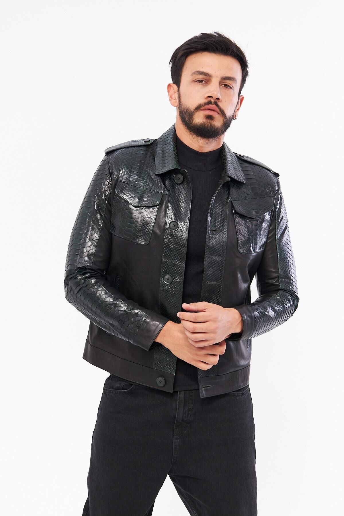 DERİNSS DER721P Hakiki Piton Hakiki Deri Erkek Yeşil Mont