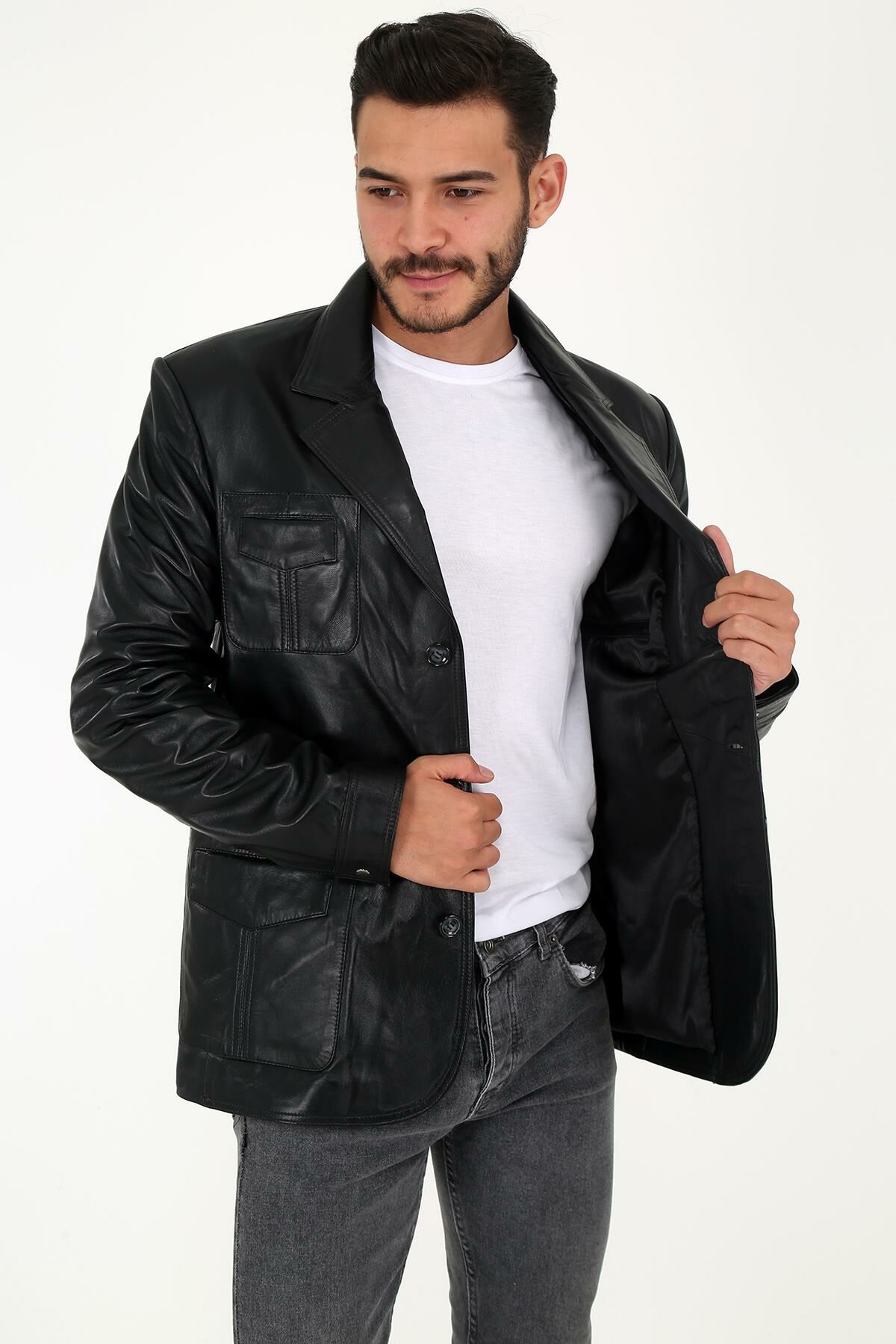 DERİNSS DER233 Hakiki Deri Erkek Siyah Mont