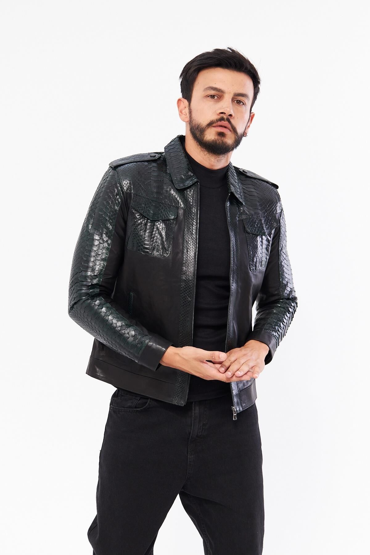 DERİNSS DER737P Hakiki Piton Hakiki Deri Erkek Yeşil Mont