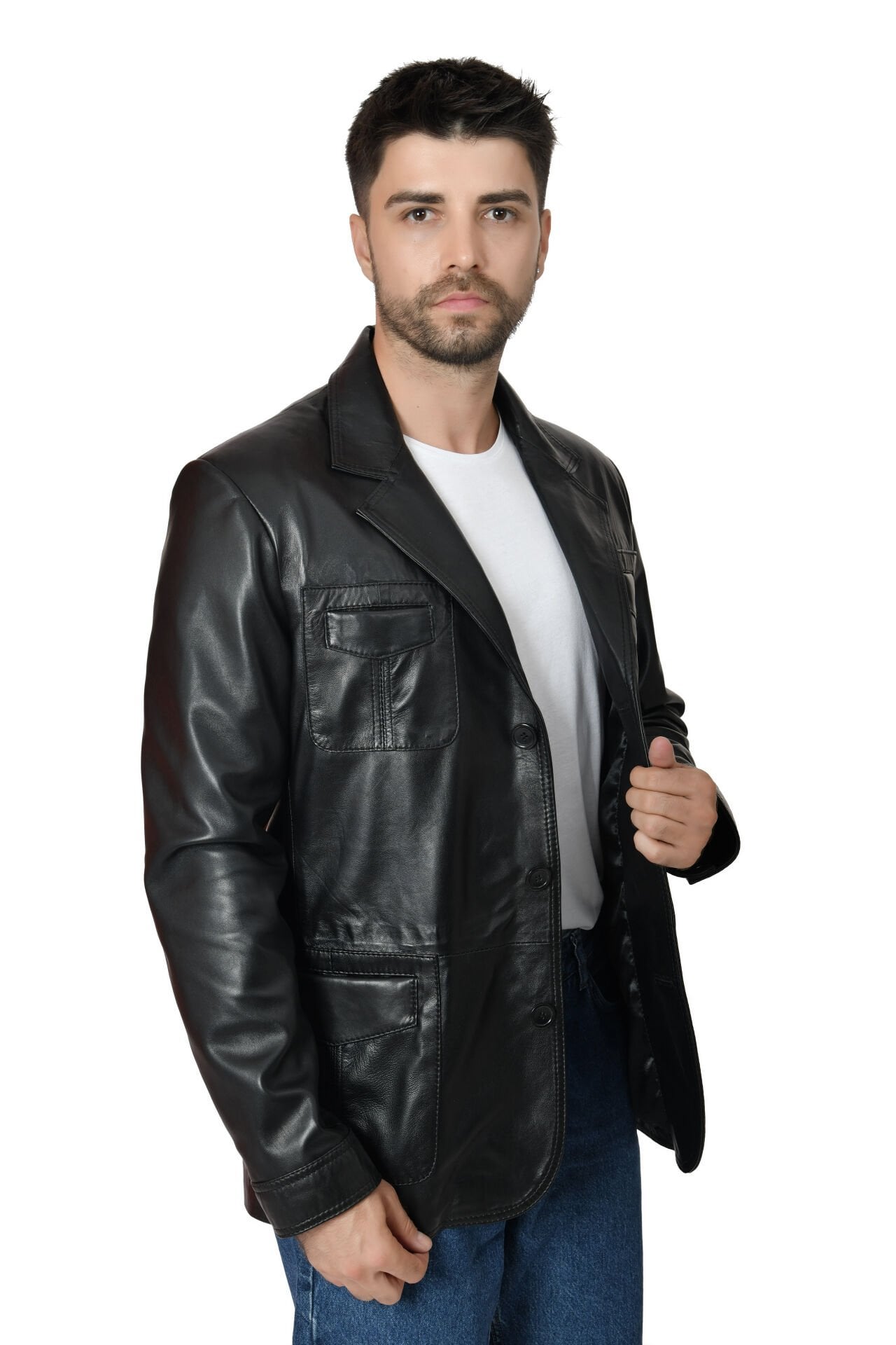 DERİNSS DER233 Hakiki Deri Erkek Siyah Blazer Ceket