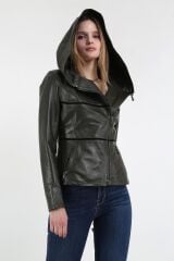 DERİNSS DKA1125 Hakiki Deri Kadın Yeşil Mont