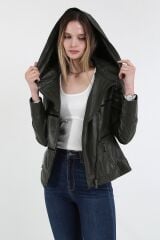 DERİNSS DKA1125 Hakiki Deri Kadın Yeşil Mont