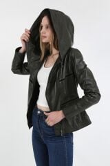 DERİNSS DKA1125 Hakiki Deri Kadın Yeşil Mont