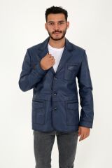 DERİNSS DER233 Hakiki Deri Erkek Mavi Blazer Ceket